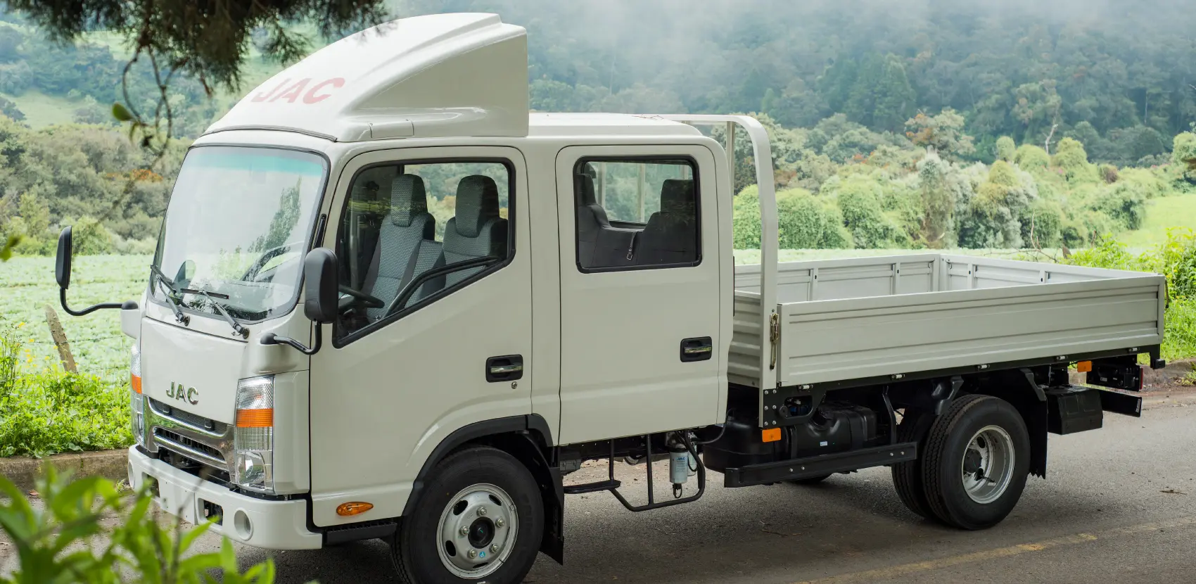 Camión JAC de doble cabina estacionado en carretera con vegetación y montaña de fondo.
